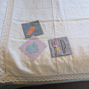 Large Vintage Linen Tablecloth with Applique ,Embroidery, and Crocheted Edge