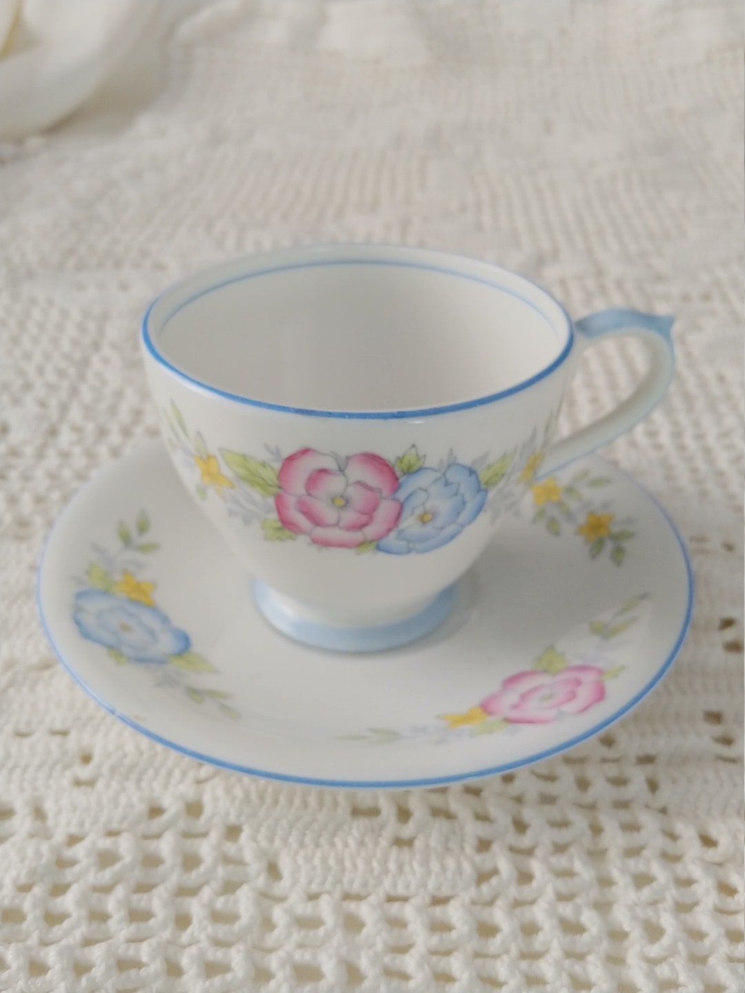 Art Deco Bell China Teacup and Saucer Blue Trimmed Floral Etsy