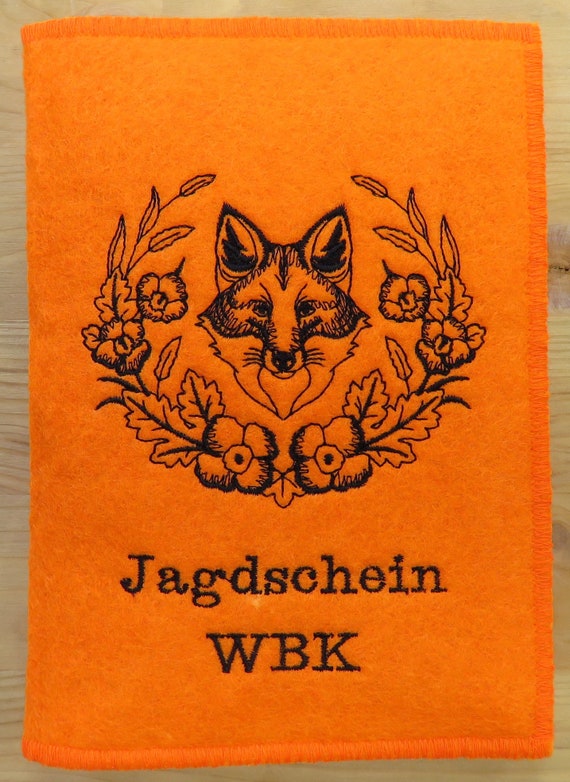 Jagdschein / WBK, Fuchs im Laubkranz, Individuell bestickte  Jagdscheinhülle, Buchform, große Farbauswahl - .de