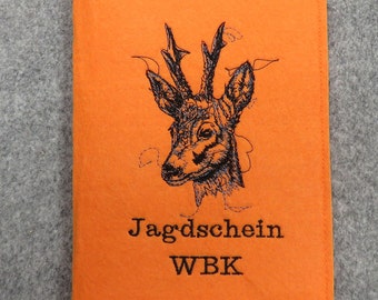 Jagdschein / WBK, Rehbock, Individuell bestickte Jagdscheinhülle, Buchform, Filz, große Farbauswahl