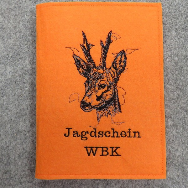 Jagdschein / WBK, Rehbock, Individuell bestickte Jagdscheinhülle, Buchform, Filz, große Farbauswahl