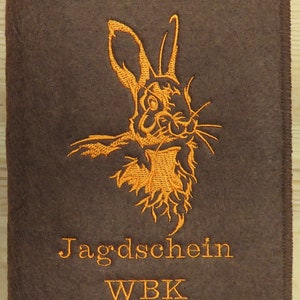 Jagdschein / WBK, Hase, Individuell bestickte Jagdscheinhülle, Buchform, Filz, große Farbauswahl Bild 3