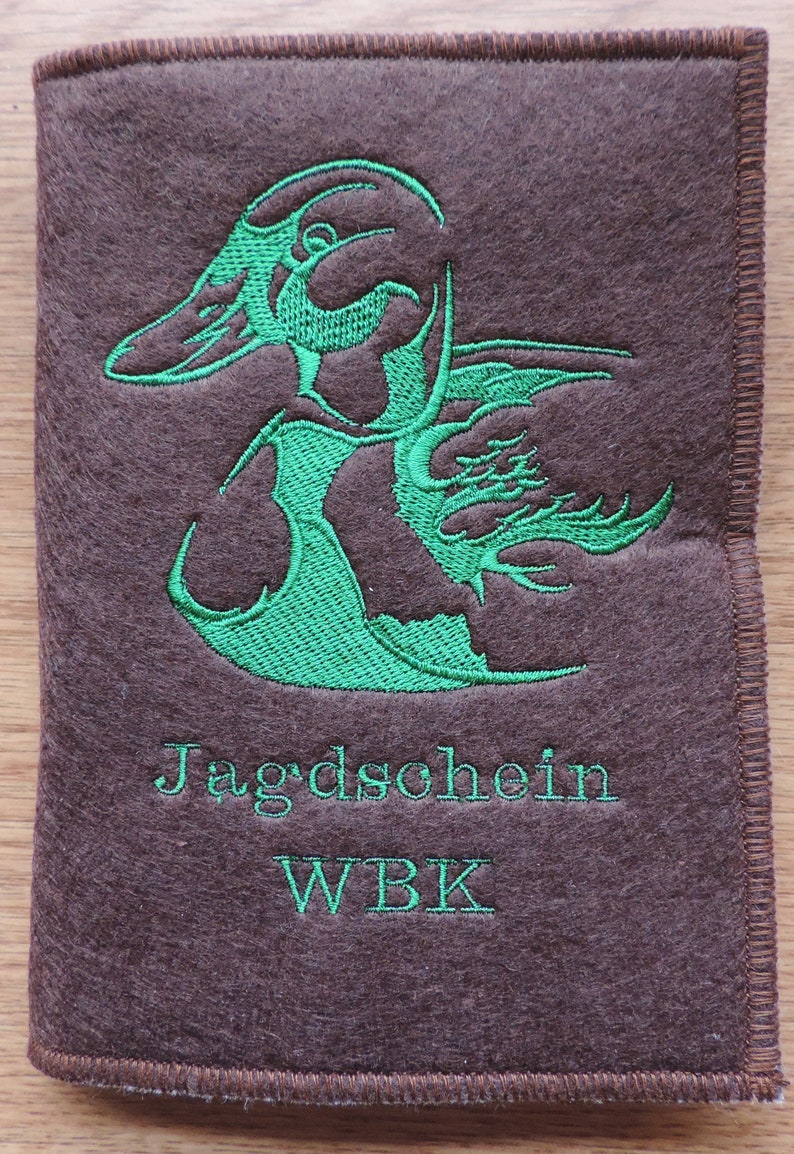 Jagdschein / WBK, Stockente, Individuell bestickte Jagdscheinhülle, Buchform, Filz, große Farbauswahl Bild 1