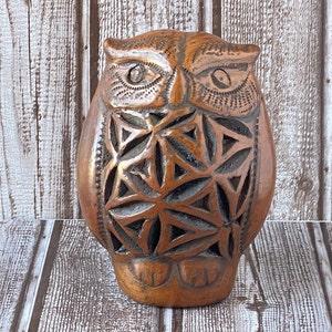 Brown Owl - Zapotec Barro Negro Owl - Folk Art Owl - Oaxaca Black Clay Buho - Oaxaca Pottery - Ceramic -  Leather Look