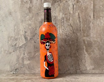 Zapotec Painted Bottle - Feliz Dia De Muertos with Catrinas - Oaxaca Indigenous Painted Bottle