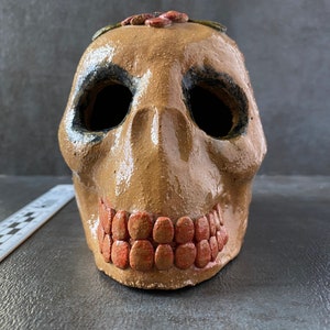 Oaxaca Pottery - Zapotec Sugar Skull - Day of the Dead Skull from Atzompa - Indigenous Dia de Los Muertos Candy Skull - Slight Damage