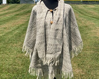 Zapotec 100% Merino Wool Shawl with Scarf No Arm Slits -  Natural Neutrals Woven Mexican Poncho - Oaxaca Wool  - Poncho with Scarf size L