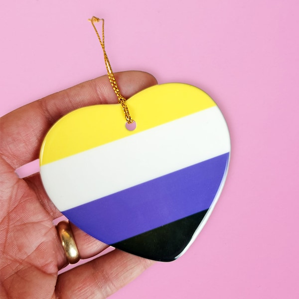 Nonbinary pride ornament - This cute lgbtq ornament features the nonbinary pride flag and is a great pride gift. A perfect enby holiday gift