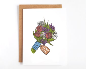 May include: A greeting card with a bouquet of flowers tied with a blue ribbon and a tag that says "Gay 4 U".