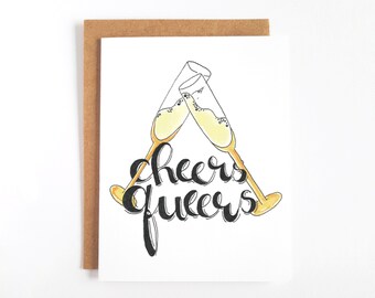 Cheers Queers Card - Cute LGBT Congratulations Cards, Queer Holiday Cards, Gay Congratulations Card, Gay Wedding Card