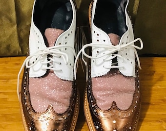 Robert Clergerie Roeltm Glittered Bronze White Size 38 US 7.5-8 Leather Oxfords
