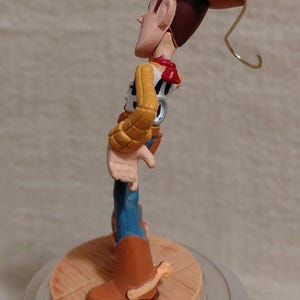 May include: A figurine of the character Woody from the animated film Toy Story. Woody is wearing a brown cowboy hat, a yellow shirt, blue jeans, and brown boots. The figurine is standing on a wooden base and has a gold wire loop for hanging.