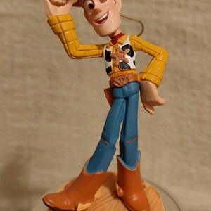 May include: A figurine of Woody from Toy Story, wearing a brown cowboy hat, yellow shirt, blue jeans, and brown boots. The figure is standing on a wooden-style base. The character is smiling and tipping his hat.