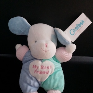 Vintage Carter's Prestige MY BEST FRIEND Cane sonaglio color pastello peluche pigiama giocattolo animale