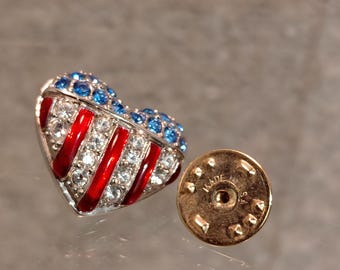 Swarovski Crystal American Flag Red Blue Heart Shaped Patriotic Pin