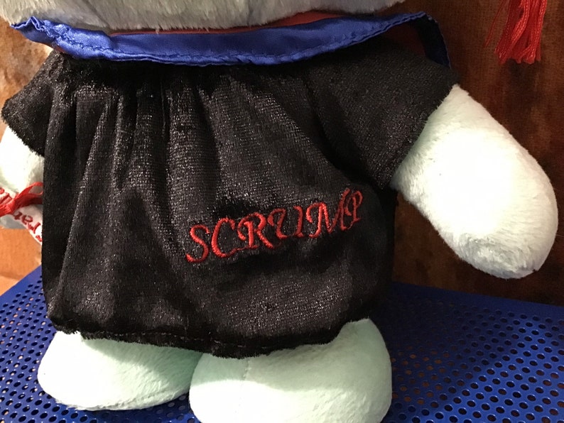 May include: A light blue plush toy wearing a black graduation gown with a blue sash and a red tassel. The gown has the word "SCRUMP" embroidered on the front in red thread.