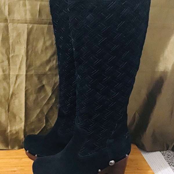 UGG Arroyo 3363 Weave Black Suede Leather Clog Knee High Boots US 8