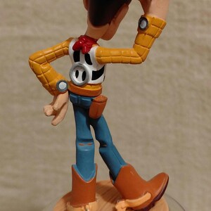 May include: A figurine of the character Woody from the animated film Toy Story. Woody is wearing a brown cowboy hat, yellow shirt, blue jeans, and brown boots. The figurine is standing on a wooden-look base.