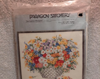 Vintage Paragon Stitchery SPRINGTIME BOUQUET Vintage Crewel Embroidery Kit Linen Fabric
