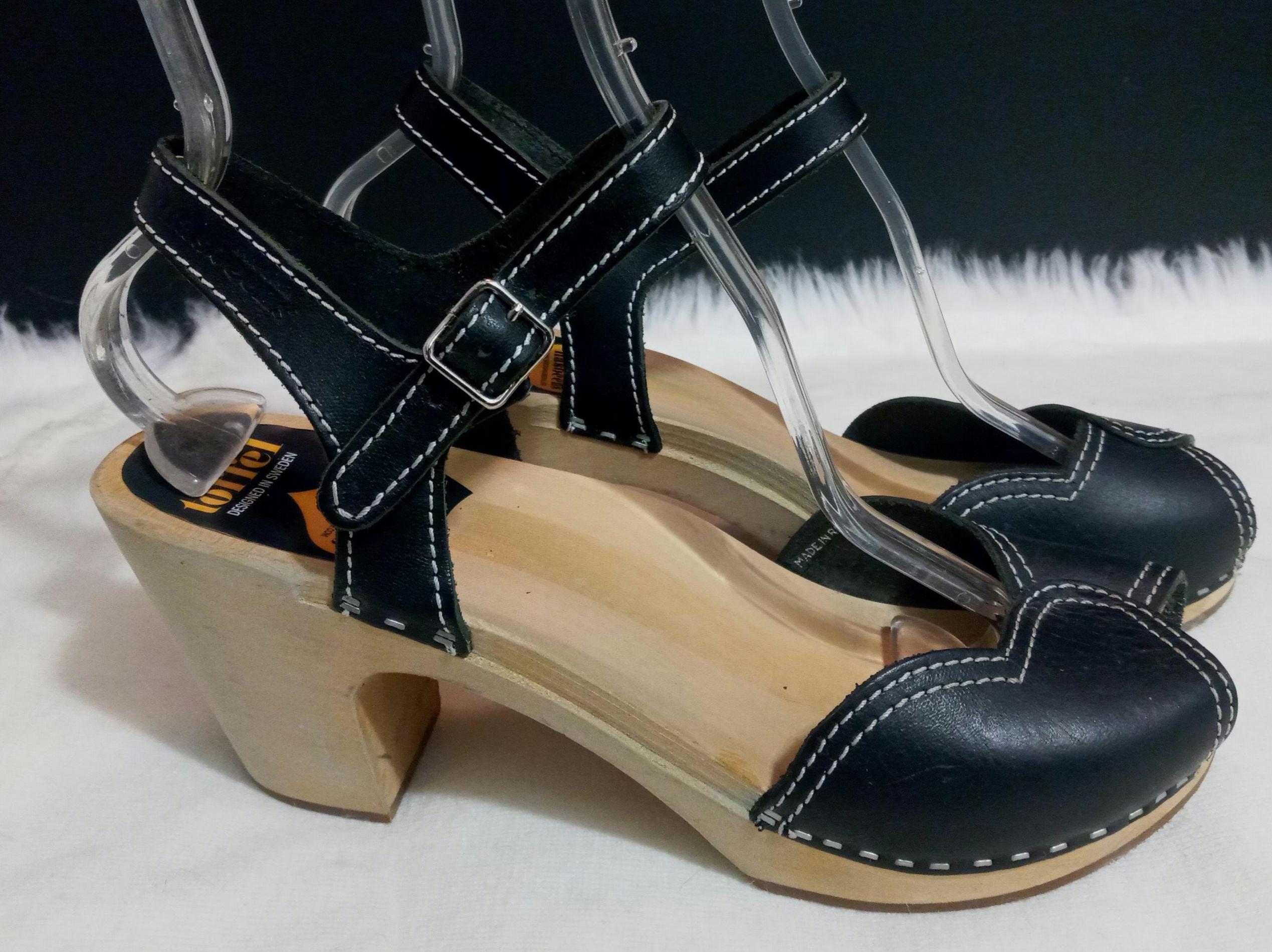 Swedish Hasbeens Toffel Black Strap Wooden Heel Sandals  display picture 1