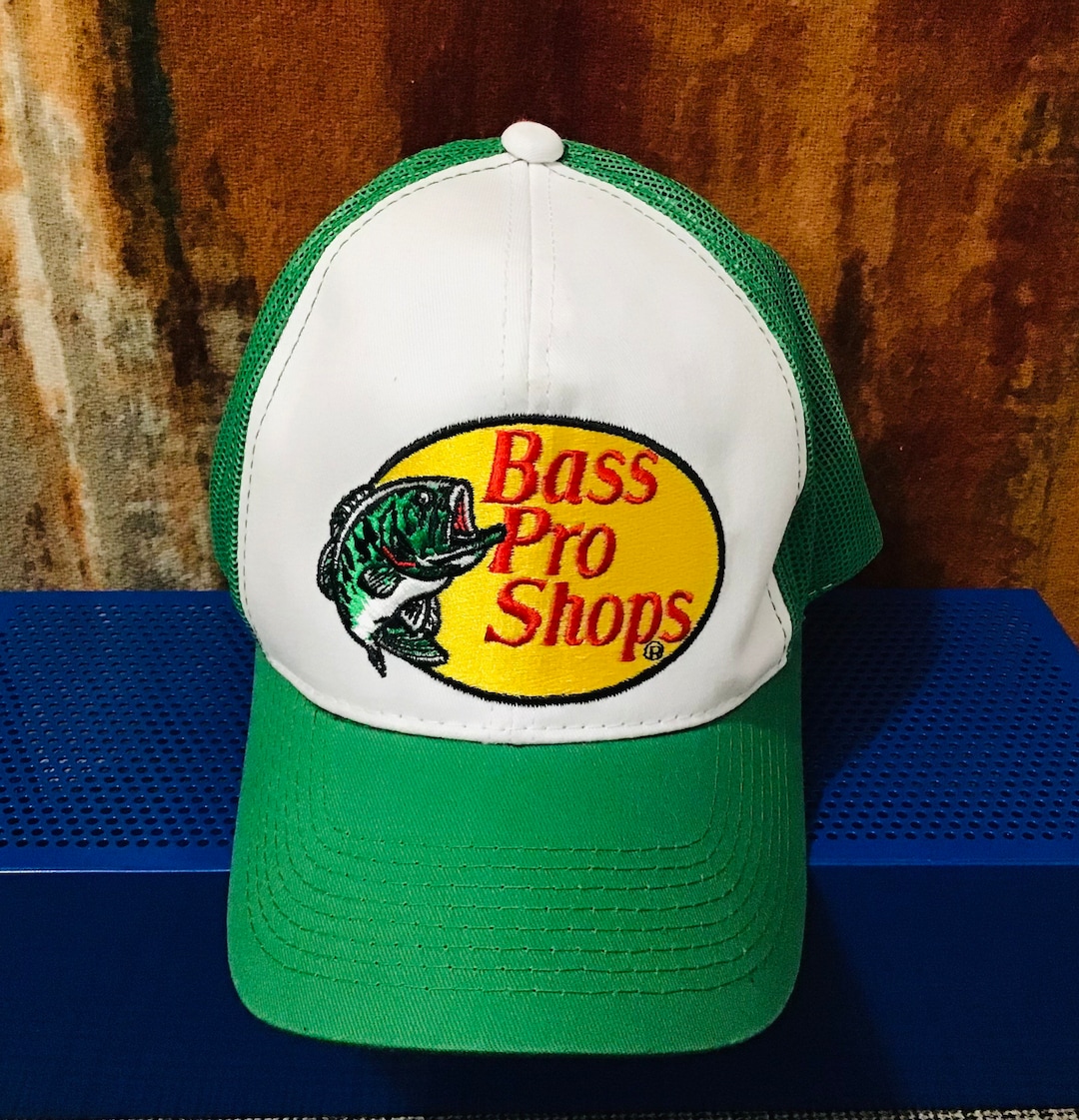 Vintage Bass Pro Shops Green White Yellow Red Mesh Snapback Trucker Hat 