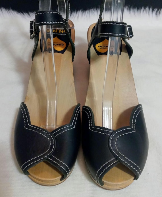 Swedish Hasbeens Toffel Black Strap Wooden Heel Sandals Shoes Size