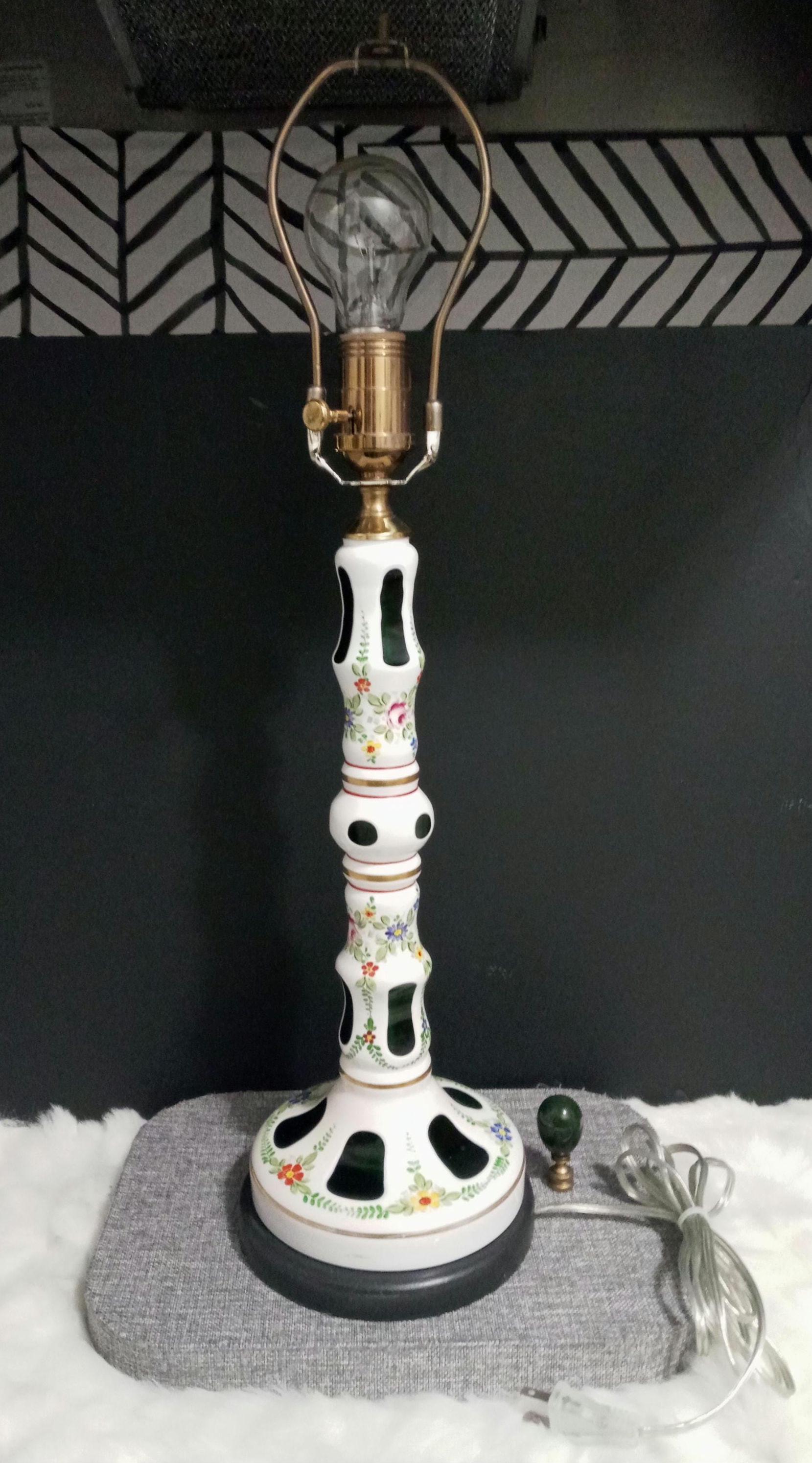 Vintage Bohemian Czech White Cut to Green 26"H Glass Table Lamp
