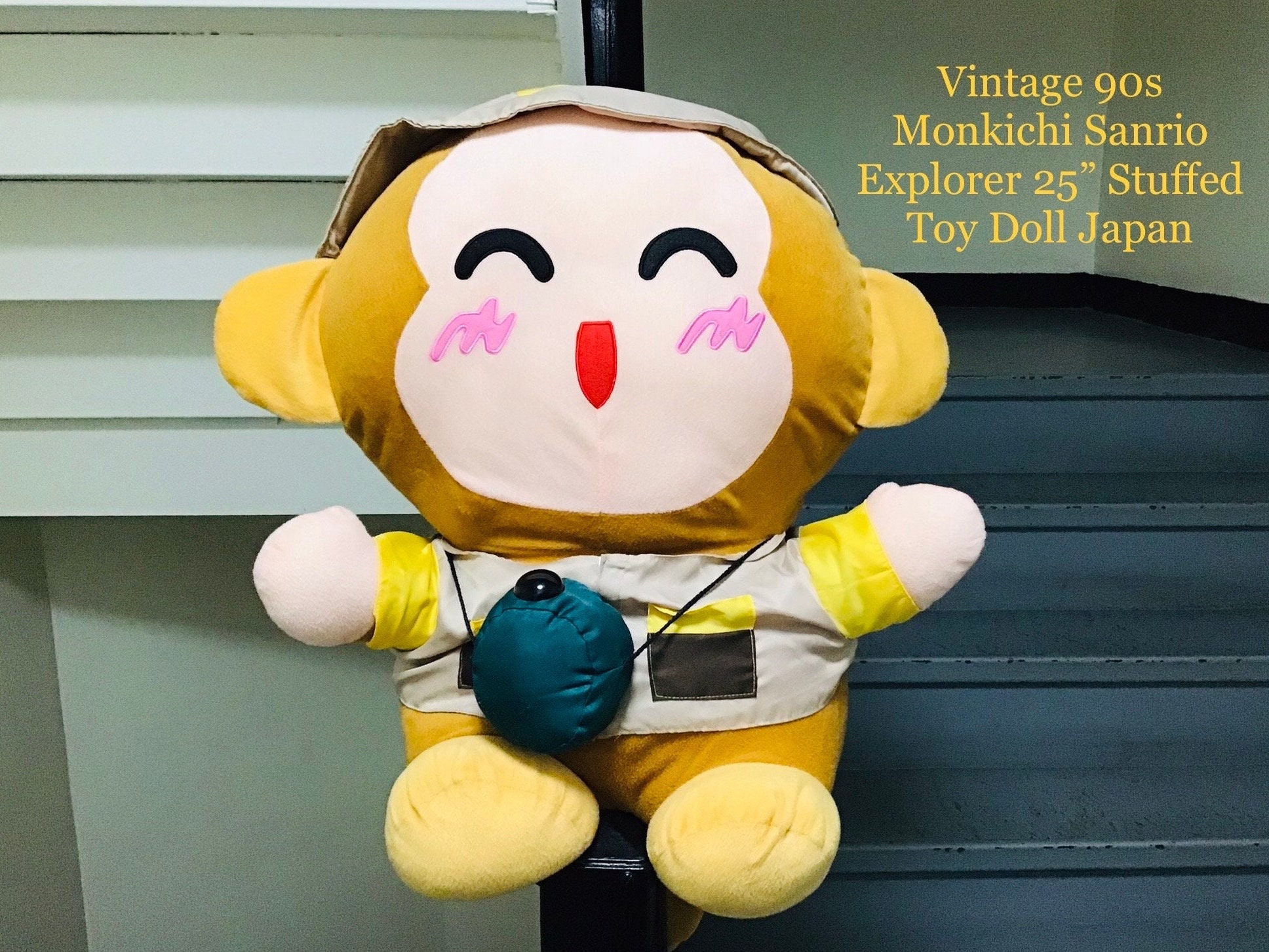 Vintage 90s Monkichi 25” Sanrio Explorer Stuffed Toy Doll Japan