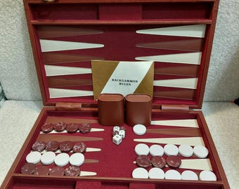 Vintage Backgammon White Maroon Swirl Set  Maroon Velvet Leather Trim Carry Case