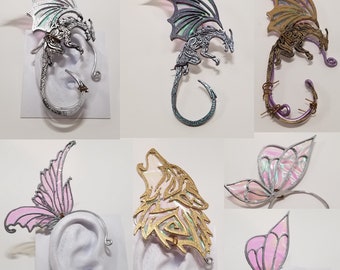 Enchanted Realm Ear Cuffs: Iridescent Fairy Wings & Mystical Creatures Collection