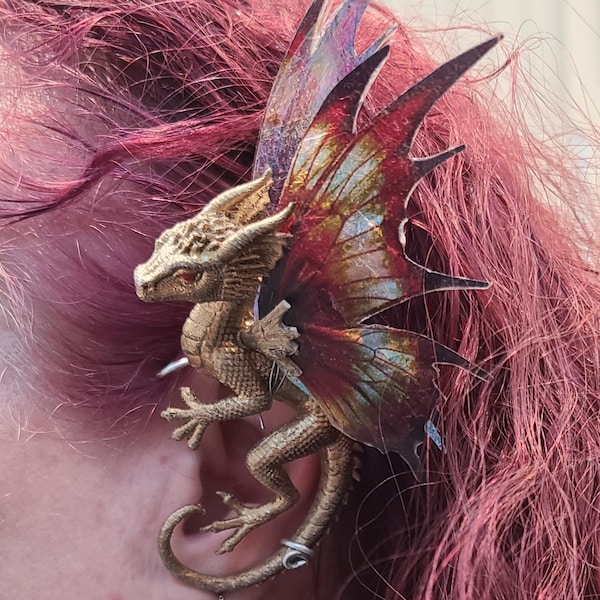 Boucle d'oreille Fairy Dragon, bijou fantaisie irisé sans perçage, accessoire pour fêtes médiévales et cosplay