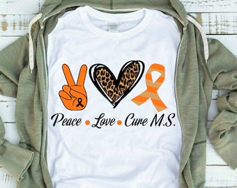MS camisas para las mujeres - camisa de esclerosis múltiple y camisa de apoyo de la MS - paz amor cura MS camisa - múltiple conciencia camisa de cinta naranja