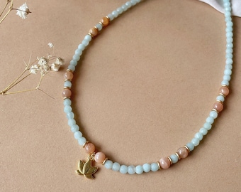 Lotus choker gold, amazonite and moonstone, semi-precious stones, for christmas, handmade, elegant, gift for friend mom sister, for her