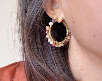 Moonstone and mokaite hoops, wire technique, hand woven, soft and delicate colors, hoop earrings, holiday gift idea