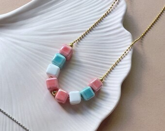 KËR coral - Choker with glazed ceramic beads and ball chain, gift idea, handmade, summer necklace, pastel, bright