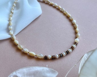 Mother of pearl, tiger's eye and pearl necklace, for her, semi-precious stones, natural, personalized, christmas, handmade, choker