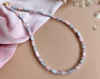 Deluxe pastel choker, aquamarine, pink morganite and jade, gift for her, natural semi-precious stones, soft delicate colors