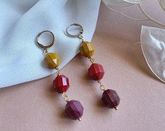 Mokaite Pendants, Long Hoop Earrings, Faceted Cut Semi-Precious Stone, Holiday Gift Idea, For Her, Elegant