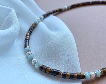 Tiger eye necklace, larimar and pearls, gift for her, semiprecious stones, natural, christmas, personalized, unique gift, handmade