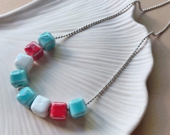 Turquoise KËR - Choker with glazed ceramic beads and ball chain, gift idea, handmade, summer necklace, pastel, bright