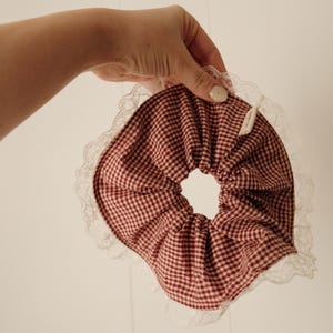 Jumbo Lace Red Gingham Scrunchie, Handmade Hair Accessories, Oversize XL Hairtie, Fluffy Scrunchie, Gift for Her, Cottagecore, Spring