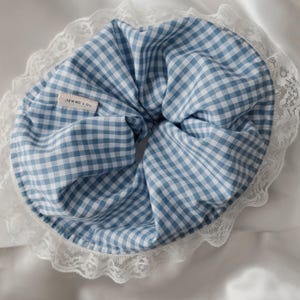 Jumbo Lace Blue Gingham Scrunchie, Handmade Hair Accessories, Oversize XL Hairtie, Fluffy Scrunchie, Gift for Her, Cottagecore, Spring