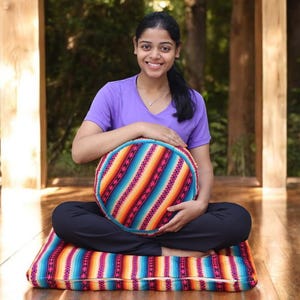 Vibrant Striped Zafu + Zabuton Meditation Cushion Set – Handwoven Organic Cotton | Colorful Yoga Floor Seating | Eco-Friendly, Washable