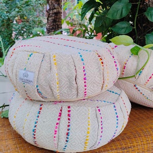 Yoga Meditation Cushion | Handwoven Handmade Round Zafu Meditation Pillow  |Zipped Cover |Washable| Portable - Design: Morocco
