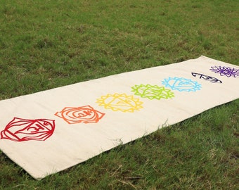 Organic Cotton Yoga Mat, Pilates, Fitness, and Meditation Mat - Seven Chakra Embroidered, Handwoven, Ecofriendly Yoga Rug