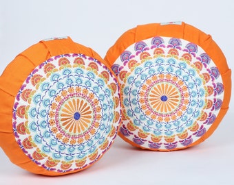 Embroidered Round Zafu Yoga Pillow |Zipped Cover |Washable| Portable - Ganga (Blue on Orange) - Size and Filling Options