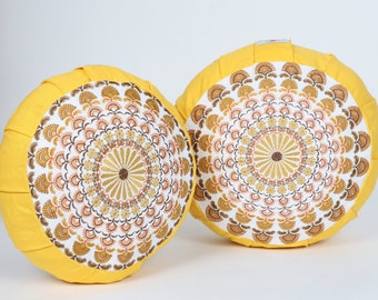 Embroidered Round Zafu Yoga Pillow |Zipped Cover |Washable| Portable - Krishna (Yellow on Yellow) - Size and Filling Options