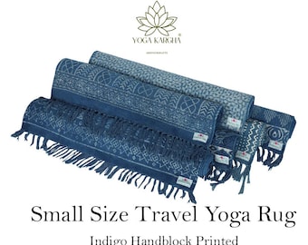 Small Size - Cotton Indigo Handblock Printed Travel Yoga Mat/ Yoga Rug/Meditation Rug  with Anti skid Backing Option