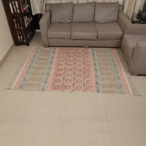 Large Yoga Mat 6x 4 feet for Yoga, Pilates, Fitness, shops and Meditation - (Handwoven Area Rug, Mat, Dhurrie, Hand Block-Printed Rug)