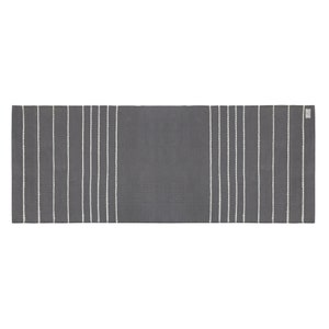 May include: A gray and white striped runner rug. The rug has a subtle texture and is perfect for adding a touch of modern style to any room.